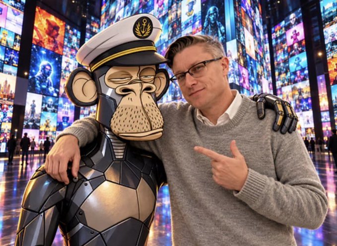 A man in a gray sweater and glasses poses next to a metallic robot statue of a monkey wearing a white captain's hat, set against a backdrop of large digital screens displaying colorful imagery.