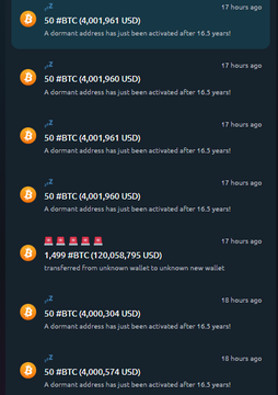 A screenshot of a cryptocurrency wallet alert system showing multiple dormant Bitcoin (BTC) addresses activating after 16.5 years, each transferring roughly 50 BTC (around $4 million USD).