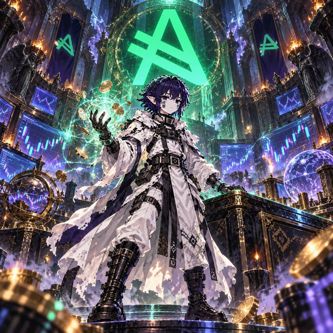 An anime-style character in a white coat stands before a glowing green triangular symbol resembling the MiCA logo, surrounded by coins, trading screens, and a gothic architectural setting.