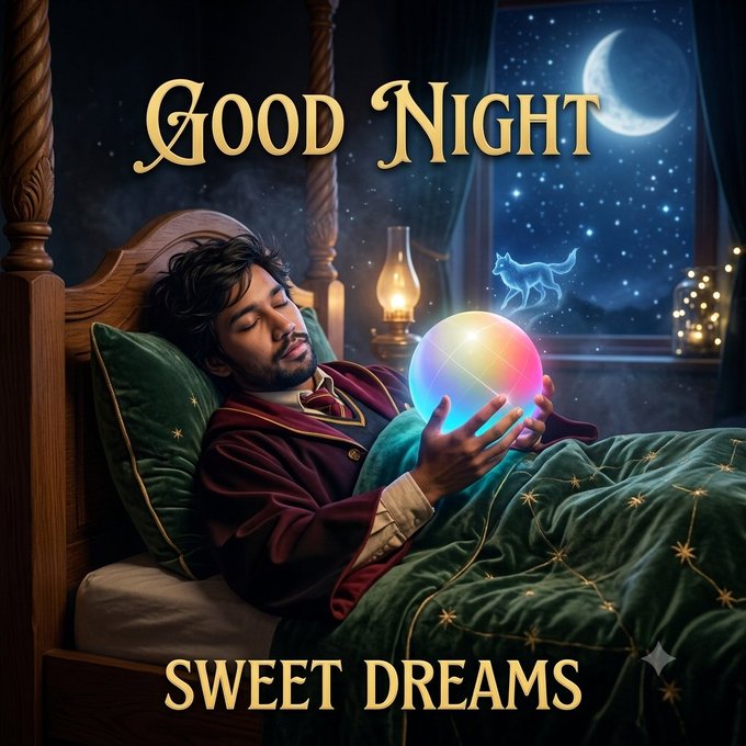 A fantasy-themed digital artwork showing a bearded man sleeping while holding a glowing multicolored orb, with a translucent ghost cat nearby; text reads 'GOOD NIGHT' and 'SWEET DREAMS'.
