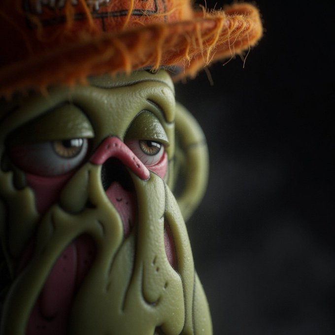 A close-up photograph of a spooky Halloween figurine featuring a green, melting face with a pink nose, tired eyes, and an orange straw hat.
