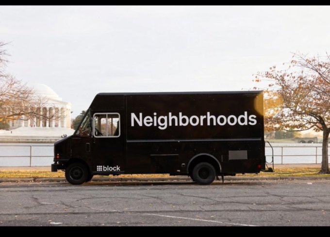 A black delivery truck with "Neighborhoods" in large white text and the Block logo is parked in front of the Jefferson Memorial, likely representing Jack's mobile tour to visit Square (Block) sellers across the US and Ireland.