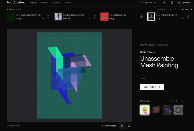 A screenshot of the bootloader marketplace showing an NFT titled 'Unassemble Mesh Painting' by Chris Fellows, priced at 'Mint - 5.00 tg'.