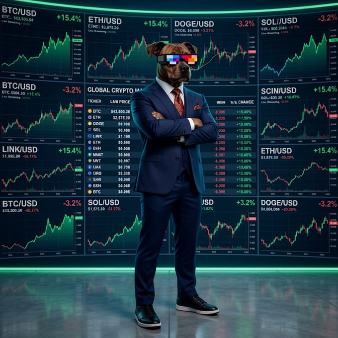 An anthropomorphic dog in a sharp navy suit and novelty color-bar glasses stands confidently with arms crossed before a wall of glowing crypto charts showing tickers like BTC/USD (+15.4%), ETH/USD, DOGE/USD (-3.2%), and SOL/USD, embodying the calm conviction the post praises for traders holding $BTC, $SOL, and $DOGE through the volatility ahead of Saturday's Finance Show.