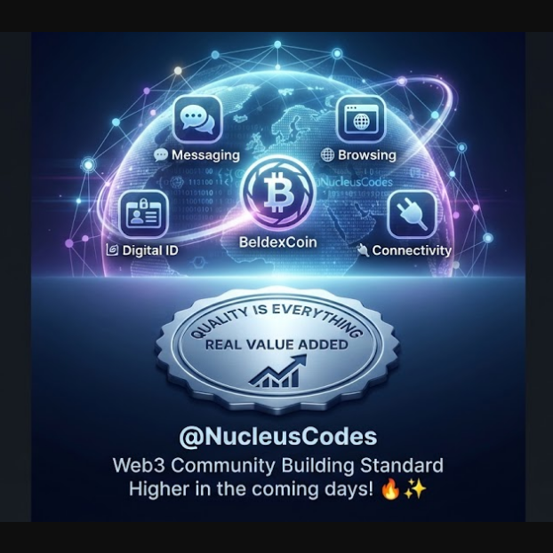 Promotional graphic for BeldexCoin cryptocurrency featuring Messaging, Browsing, Digital ID, and Connectivity features with a 'Quality is Everything, Real Value Added' badge and @NucleusCodes tagging.