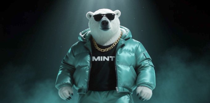 A polar bear wearing sunglasses, a gold chain, and a teal puffer jacket over a black shirt displaying the text "MINT" stands against a smoky teal background. The image visually represents the "MINT" branding referenced in the post, fitting the promotional theme of the $MNTD token and its connection to PlayOnMint's campaign and Robinhood availability.