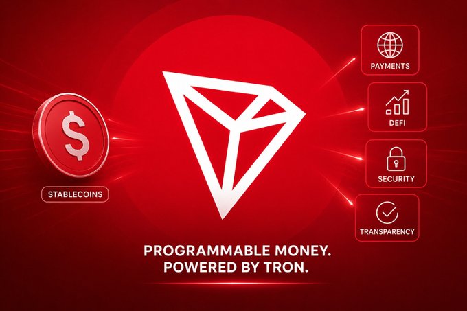 This image depicts a "Stablecoin" on the left, with the TRON logo in the center, and icons for Payments, DeFi, Security, and Transparency on the right, illustrating how TRON powers programmable money.
