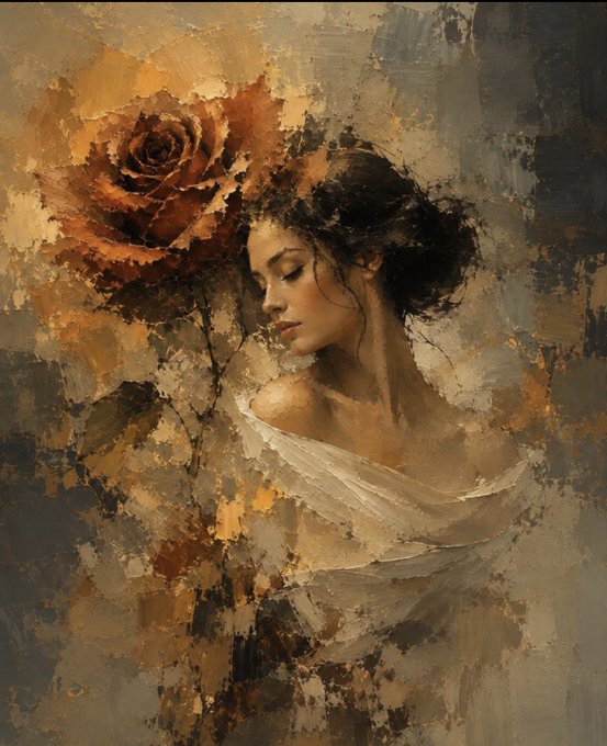 An impressionist-style painting of a woman with dark hair, eyes closed, beside a large rose, rendered in warm golden and brown tones.
