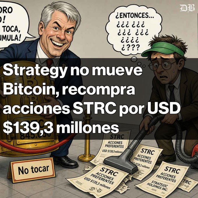 A Spanish-language news cartoon showing a smiling man holding Bitcoin while another man vacuums up STRC preferred stock certificates, with text stating "Strategy no mueve Bitcoin, recompra acciones STRC por USD $139,3 millones."