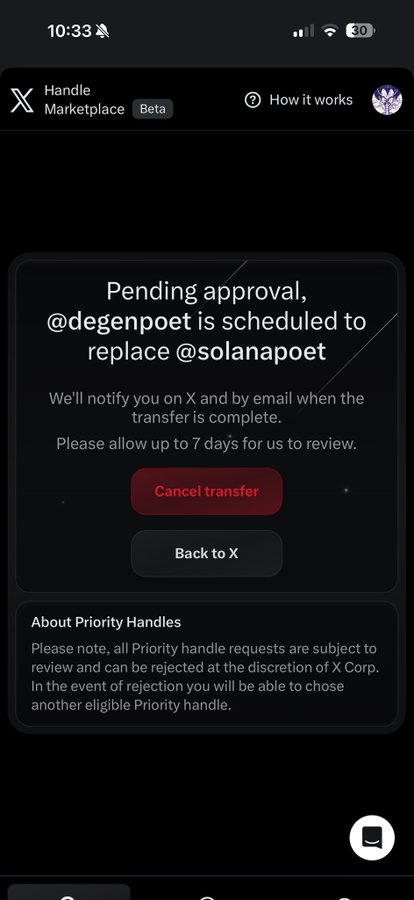 X Handle Marketplace screen showing a pending approval for @degenpoet to replace @solanapoet, with options to cancel or back out and a note about the 7-day review window.