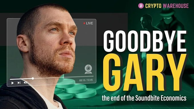 A video thumbnail from Crypto Warehouse showing a man on a live stream overlay (03:15/12:45), with text reading "GOODBYE GARY - the end of the Soundbite Economics," directly referencing Gary Stevenson's departure and the rejection of his 2% Wealth Tax proposal as highlighted in the post.
