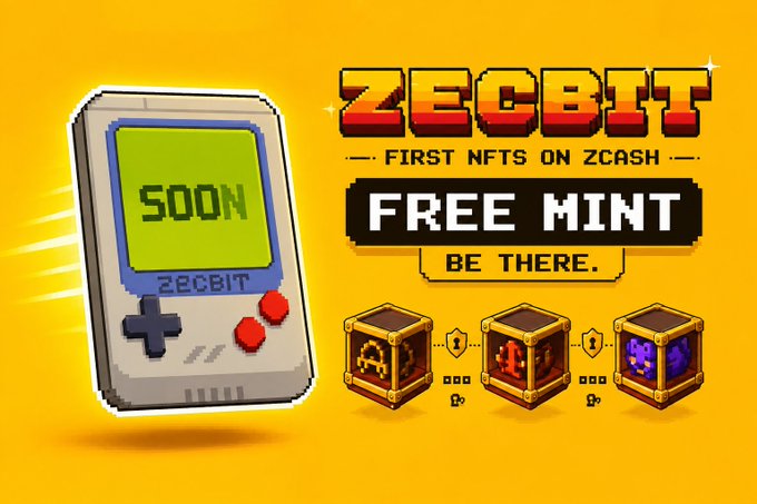 Pixel art promotional graphic featuring a retro Game Boy-style device displaying "SOON" and "ZECBIT" alongside text announcing "ZECBIT - FIRST NFTs ON ZCASH" with a "FREE MINT - BE THERE" banner, accompanied by three treasure chest icons representing NFTs. The image directly supports the post's message by visually emphasizing ZecBit's status as the pioneering NFT project on the Zcash ecosystem, reinforcing the "first mover" advantage and free mint opportunity highlighted in the commentary.