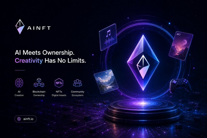 Promotional graphic for AINFT with the tagline 'AI Meets Ownership. Creativity Has No Limits.' featuring an Ethereum logo surrounded by floating digital assets (music, NFT card, photo, game controller) and icons for AI Creation, Blockchain Ownership, NFTs Digital Assets, and Community Ecosystem, with the URL ainft.io.
