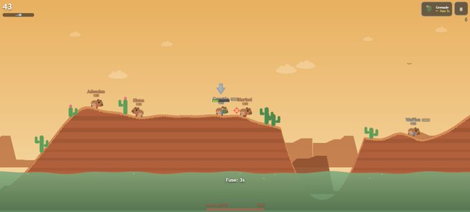 A 2D side-scrolling game screenshot shows a desert landscape with cacti and mesas, where a game titled "Fuse: 3s" displays a player named "Adarshai" and other usernames like "Sham" and "Bchat" on platforms, with a score of 43 in the top left, matching the Worms-style gameplay mentioned in the post about @CapySiege on @solana.