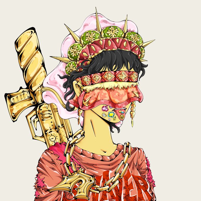 A vibrant anime-style digital illustration of a character with black hair wearing an elaborate spiky gold and green crown, a pink blindfold, gold jewelry, and a gold chain, carrying a golden weapon on their back.
