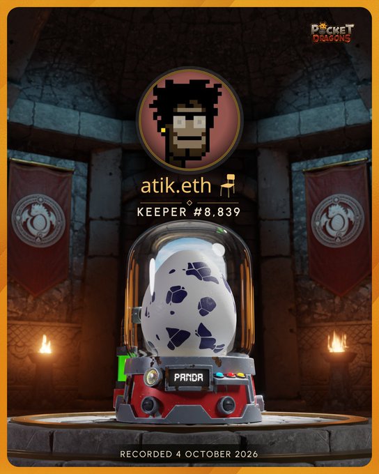 A digital collectible display titled 'Pocket Dragons' shows a pixel art portrait of a bearded man labeled 'atik.eth' above a cracked white egg labeled 'PANDR' in a glass dome, marked 'KEEPER #8,839' and 'RECORDED 4 OCTOBER 2026'.