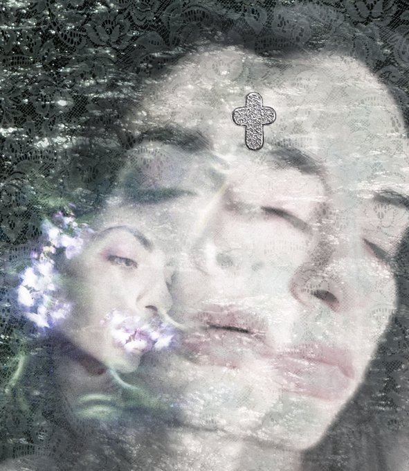 An artistic, double-exposure style image featuring two women's faces merged together with lace patterns, a silver cross on the forehead, and purple flowers near the mouth.