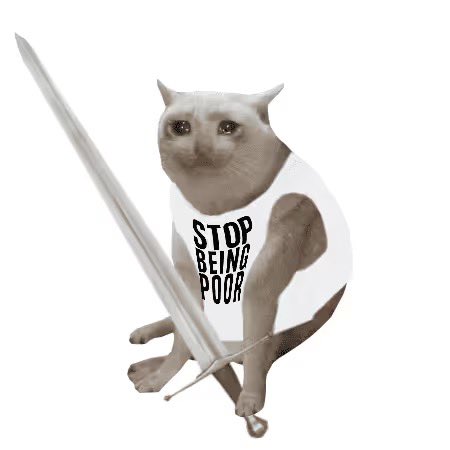 A white cat wearing a white tank top that reads 'STOP BEING POOR' while holding a large silver sword.