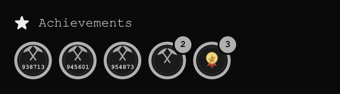 A screenshot of an 'Achievements' section showing five circular badges with mining icons and numbers like 938713, 945601, 954873, 2, and 3.