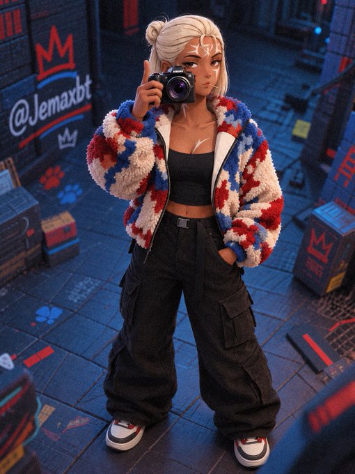 A stylized 3D-rendered character with white hair, face markings, and a red-white-blue fuzzy jacket holds a camera in a graffiti-covered alley, with the watermark '@Jemaxbt' visible.