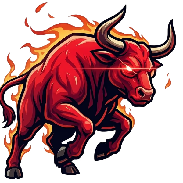 Illustrated red charging bull surrounded by flames with glowing red eyes, a classic symbol of a bullish crypto or stock market rally.