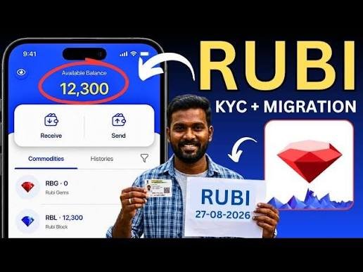 The image is a promotional thumbnail for the RUBI app, featuring a smiling man holding an ID card and a sign reading "RUBI 27-08-2026" alongside a screenshot showing an available balance of 12,300 RBL (Rubi Block). It advertises RUBI's KYC and migration process, building anticipation for its upcoming launch as referenced in the post "The wait is almost over! Rubi is coming."