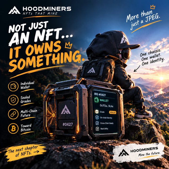 A promotional graphic for 'HOODMINERS' NFTs that 'OWNS SOMETHING', featuring a hooded character sitting on a rock overlooking mountains at sunset, with a mining rig labeled 'RIG #0427' displaying wallet details and sealed grade.
