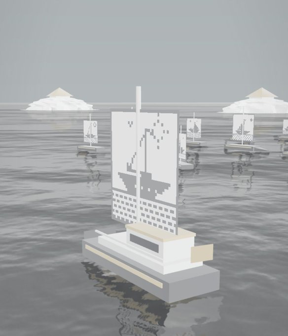 A minimalist 3D rendering shows a white boat with pixel-art sails floating on gray water, with icebergs and other similar sailboats in the distance.