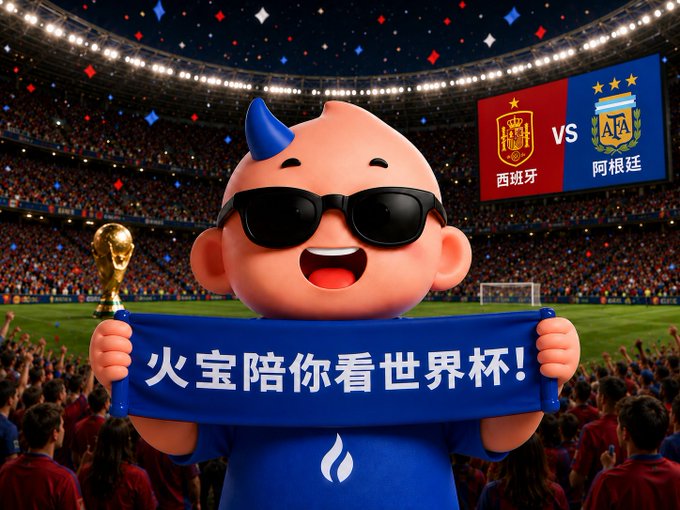 A cartoon mascot character wearing sunglasses holding a trophy and a banner with Chinese text "火宝陪你看世界杯!" (Huobao watches the World Cup with you), with Spain vs Argentina flag graphics and "AA" in a stadium setting.
