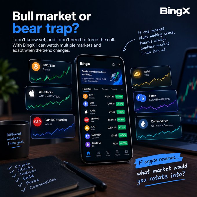 The image showcases a BingX app interface on a smartphone displaying real-time market data across multiple asset classes—BTC/ETH (+2.47%/+3.12%), AAPL (+1.58%), S&P 500 (+0.82%), Gold (+0.15%), EUR/USD (+0.34%), and Crude Oil (+0.58%)—with the headline "Bull market or bear trap?" reinforcing the post's message about staying flexible across crypto, stocks, indices, gold, forex, and commodities instead of betting on a single market direction.