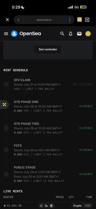 This OpenSea screenshot shows a mint schedule with various phases including "DFZ CLAIM", "GTD PHASE ONE" (limit 1 per wallet), "GTD PHASE TWO" (limit 2 per wallet), "FCFS" (limit 3 per wallet), and "PUBLIC STAGE" (limit 13 per wallet). The post suggests that the schedule, specifically GTD Phase Two, has been adjusted to avoid allocation issues and reduce the limit per wallet.