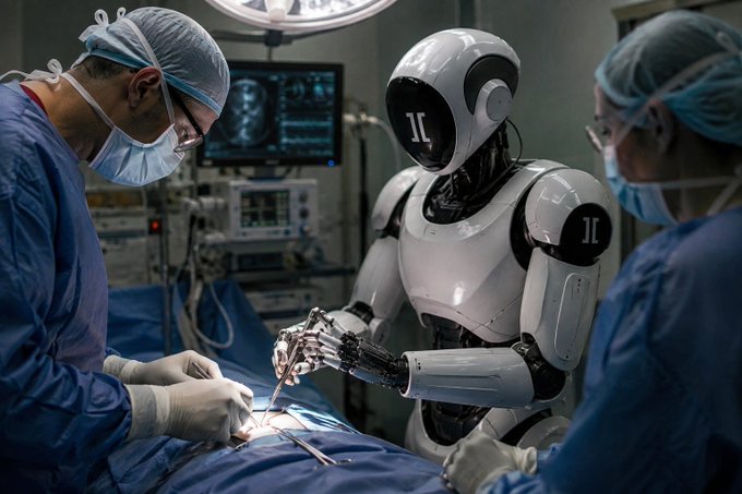 A humanoid robot wearing a white helmet assists surgeons in an operating room during a medical procedure.