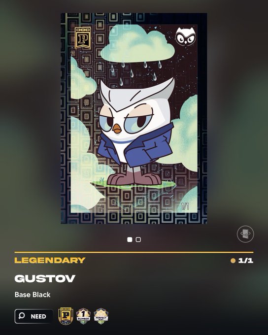 A digital card from a game featuring an angry owl character named "GUSTOV" in the "LEGENDARY" tier, with "Base Black" noted below.