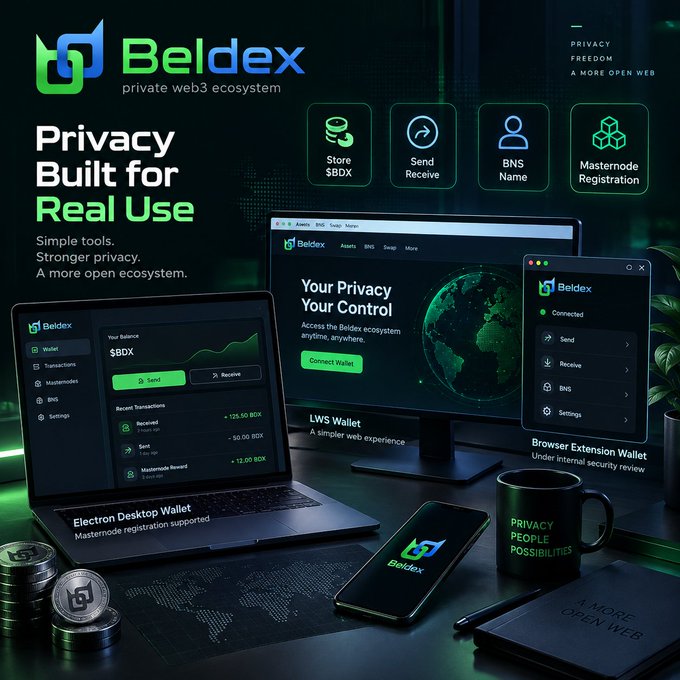A promotional graphic for 'Beldex' private web3 ecosystem, showing wallet interfaces on desktop and mobile devices with features like 'Store SBDX', 'Send Receive', 'BNS Name', and 'Masternode Registration'.
