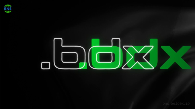 A dark promotional graphic for Beldex (BNS) features the illuminated “.bdx” logo, highlighting the clean wallet name described in the post for private payments, BChat, and digital identity.