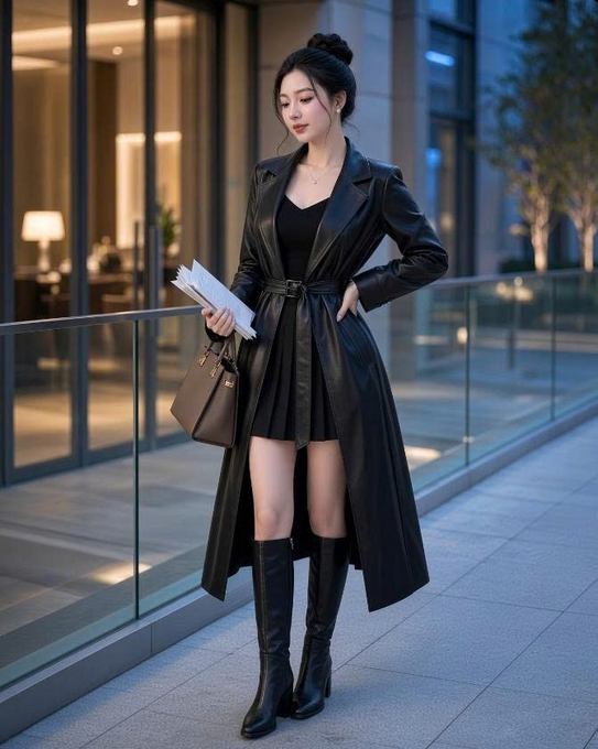 An AI-generated image of a woman with dark hair in a bun, wearing a black dress and long black leather trench coat with knee-high boots, standing on a city sidewalk holding papers and a brown handbag.