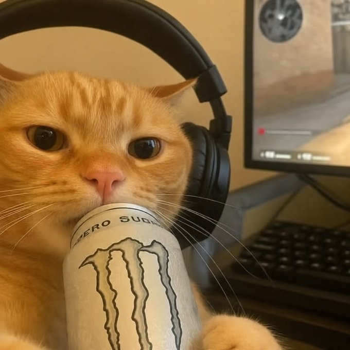 An orange cat wearing black headphones holds a Monster Zero Sugar can in its mouth while sitting in front of a computer monitor displaying a game.