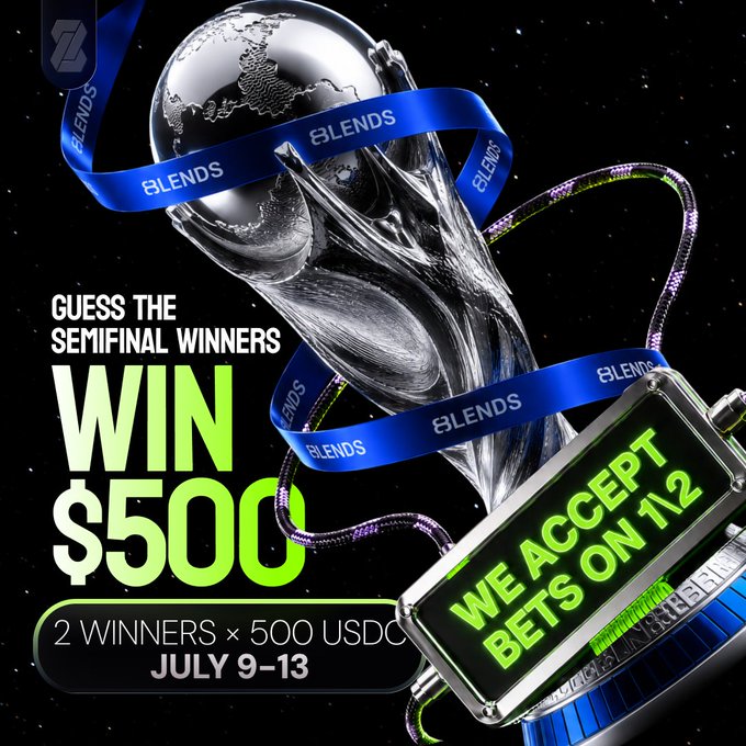 Promotional graphic for Blends featuring a trophy surrounded by ribbons, advertising a prediction contest where 2 winners can each win $500 USDC for correctly guessing the FIFA World Cup 2026 semifinal winners, with bets accepted July 9–13 and text highlighting "WIN $500," "WE ACCEPT BETS ON 1|2," and "2 WINNERS × 500 USDC."