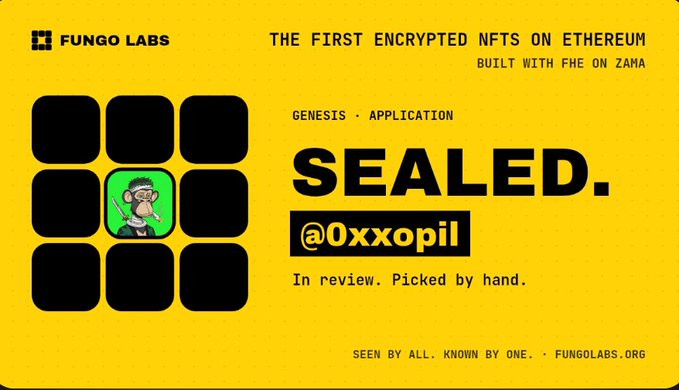 A yellow graphic for 'FUNGO LABS' advertises 'THE FIRST ENCRYPTED NFTS ON ETHEREUM' with 'SEALED.@0xxopil' and 'In review. Picked by hand.' text alongside a small monkey avatar.