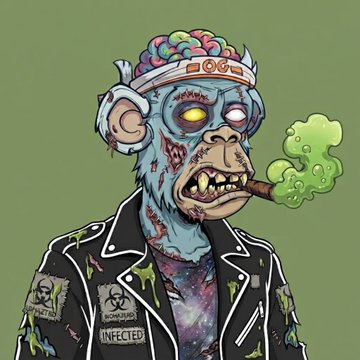 A stylized, zombie-themed monkey character from the "PrimalsNFTX" collection, wearing a headband and a jacket with "BIOHAZARD INFECTED" patches, exhaling green smoke. This artwork serves as a promotional visual for the PrimalsNFTX project mentioned in the accompanying post.
