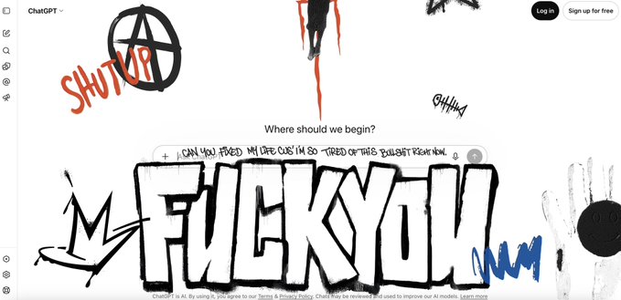 A vandalized ChatGPT homepage covered in graffiti, including the anarchy symbol, the words 'SHUT UP' and 'FUCK YOU' in large bubble letters, and a user query in the search bar: 'can you fixed my life cuz im so tired of this bullshit right now.'