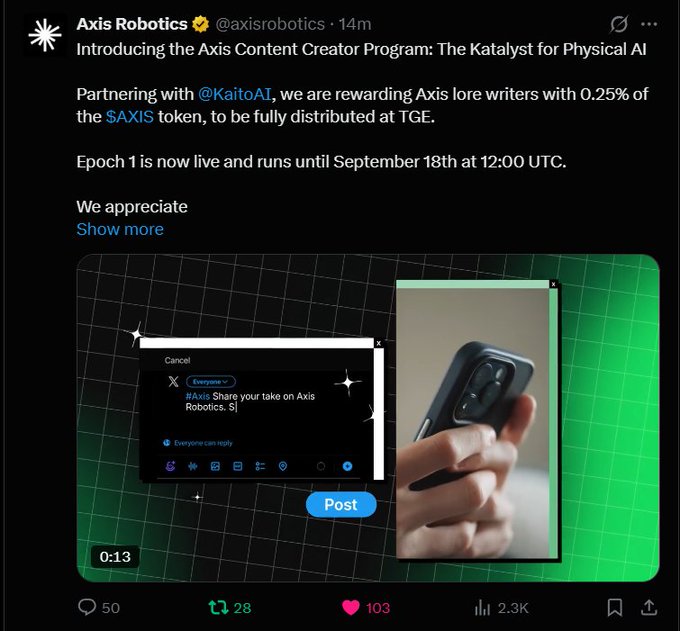 A tweet from @axisrobotics announcing the Axis Content Creator Program in partnership with @KaitoAI, distributing 0.25% of the $AXIS token at TGE.