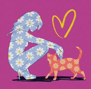 The illustration shows a blue-haired girl in a daisy-patterned outfit petting an orange floral-patterned cat beneath a yellow heart, capturing the sweet, affectionate vibe of the artist's tender relationship with their cat companion.