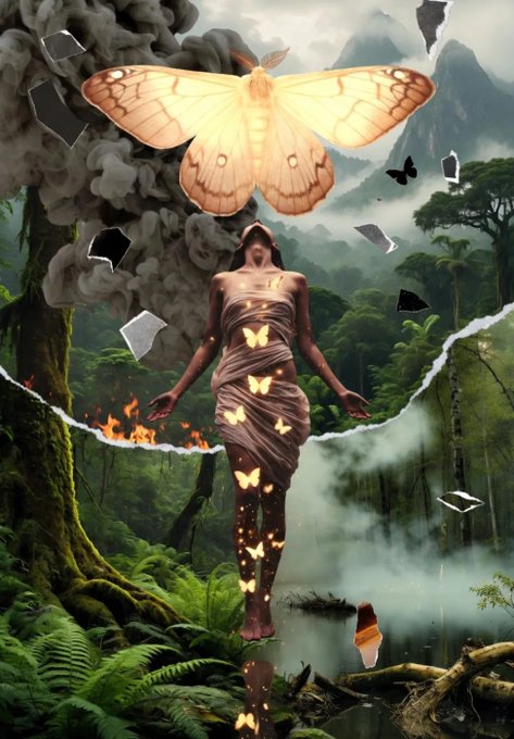 A surreal digital artwork shows a woman in a flowing dress with butterflies emanating from her, standing in a misty jungle landscape beneath a large glowing moth.