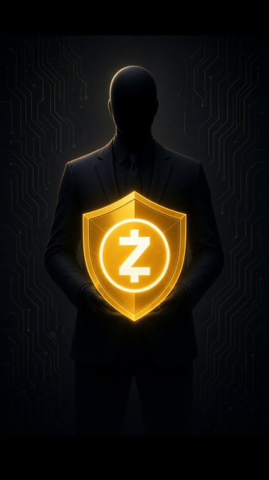 A dark silhouette of a person in a suit holding a glowing yellow shield displaying the Zcash 'Z' logo, set against a digital circuit board background.
