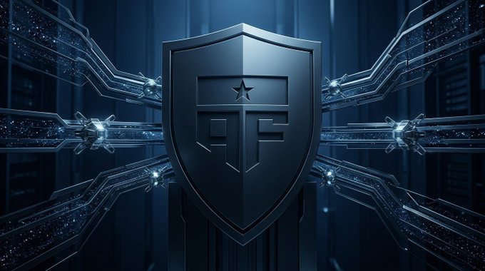 A digital artwork featuring a dark metallic shield emblem with 'RF' and a star, set against a high-tech blue background with glowing circuit-like lines and servers.