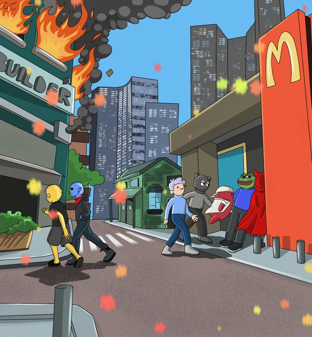 A colorful cartoon street scene depicting a chaotic city with a burning building, characters walking, and a McDonald's storefront on the right.