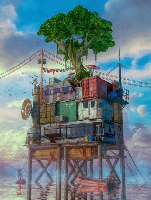 An illustration of a multi-level stilt-house structure built from shipping containers, train cars, and scrap, topped with a large tree and surrounded by water under a cloudy sky.
