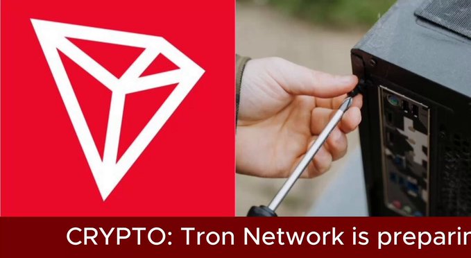 News graphic with the TRON (TRX) logo on red and an image of a hand using a screwdriver on a computer tower, captioned 'CRYPTO: Tron Network is preparing'.