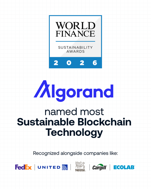 A promotional graphic stating Algorand was named "most Sustainable Blockchain Technology" at the World Finance Sustainability Awards 2026, alongside companies like FedEx, United, Nestlé, Cargill, and Ecolab.